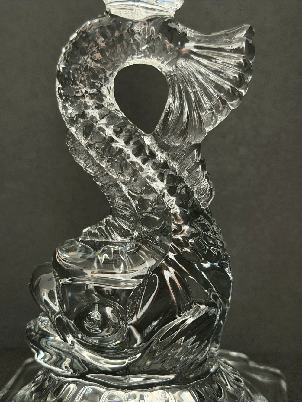 Pair of Cambridge Glass Candle Holders Fish Figure Bases w/Crystal Prisms 9,5